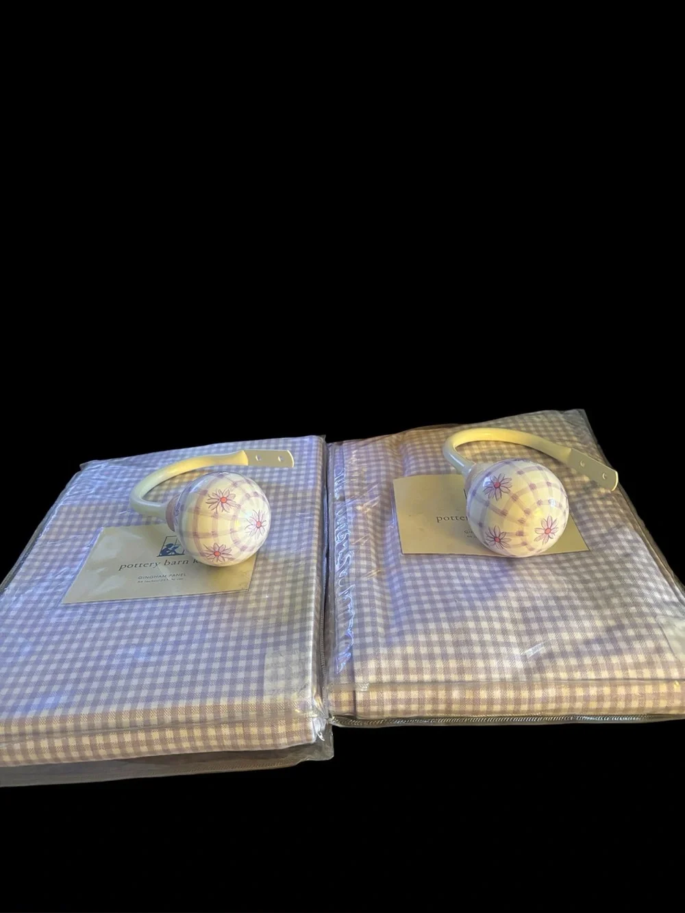Two Pottery Barn Kids Purple Gingham Curtain Panels Including 2 Matching Holders